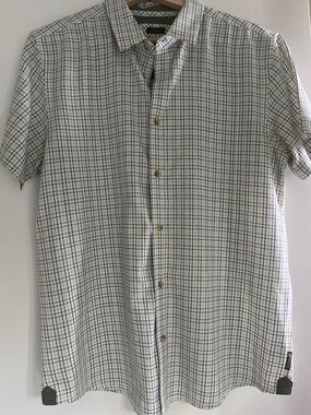 Prana Men's Short-Sleeve White Shirt with grey Grid " Slim fit"